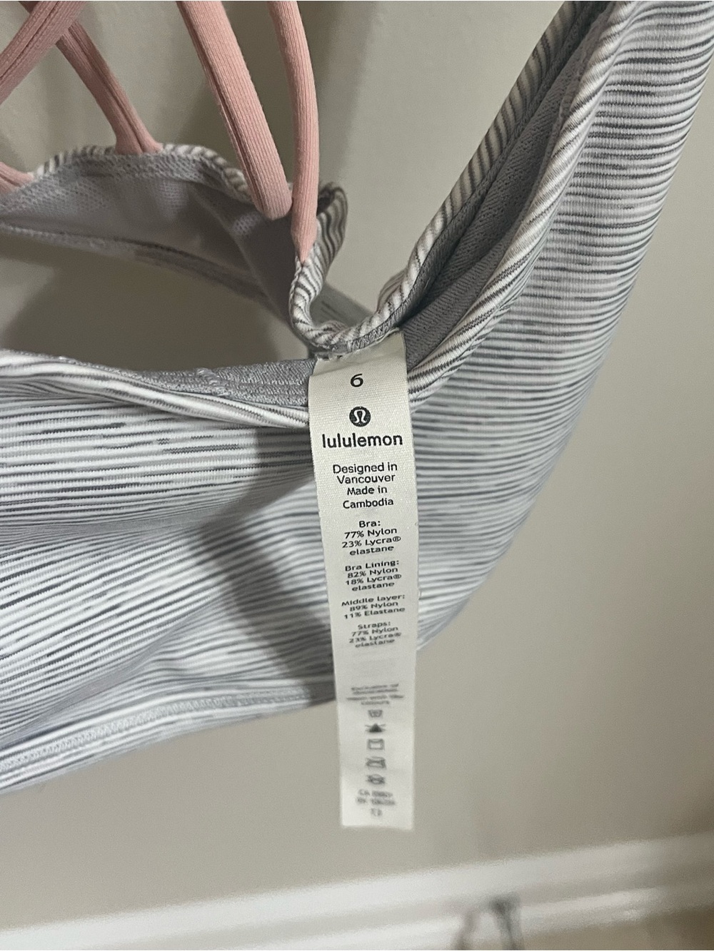 Lululemon Free To Be Bra Heathered Gray Stripe Pink Bliss Strappy Back Size 6 - Picture 4 of 5